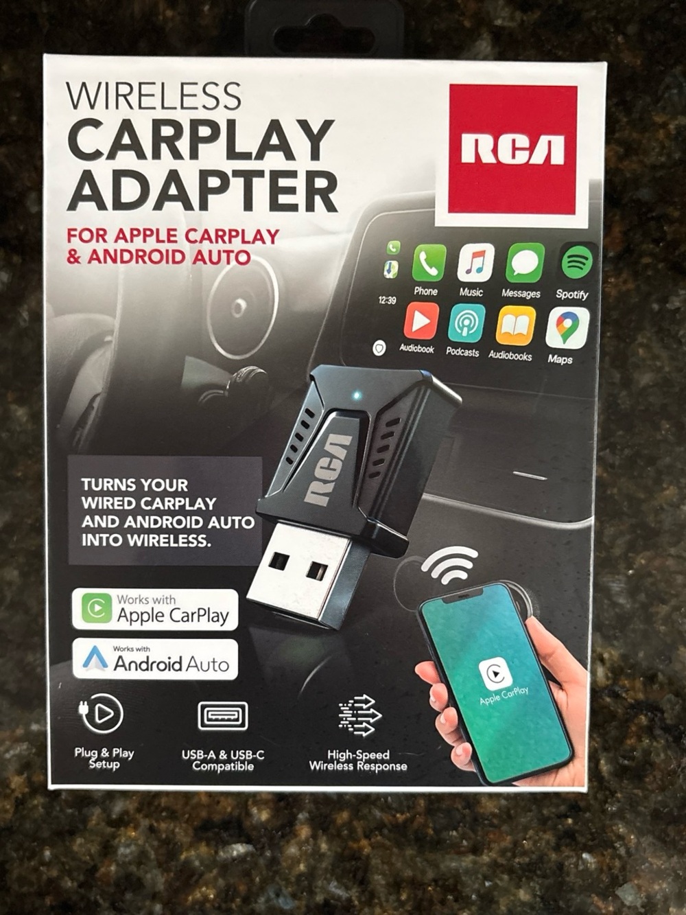 RCA Black Wireless CarPlay Adapter for Apple CarPlay & Android Auto